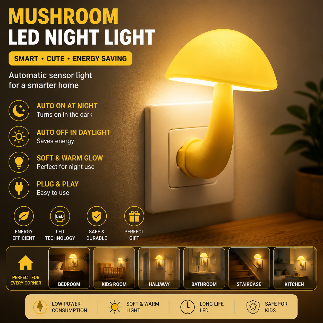 Plug in Lamp Wall Decor Cute Mushroom Night Light for Bedroom Toilet Hallway