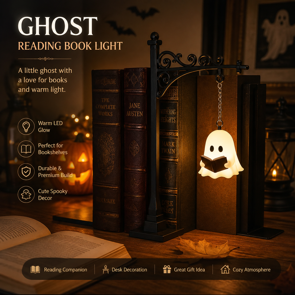 Ghost Reading Book Light – Cute LED Bookend Lamp for Bookshelf, Desk & Halloween Decor