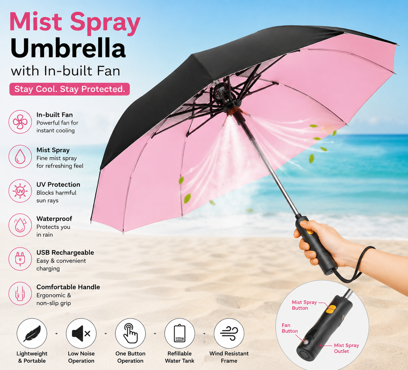 Creative Mist Spray Umbrella with In-Built Fan | USB Rechargeable Cooling Umbrella | UV Protection Sun & Rain Umbrella