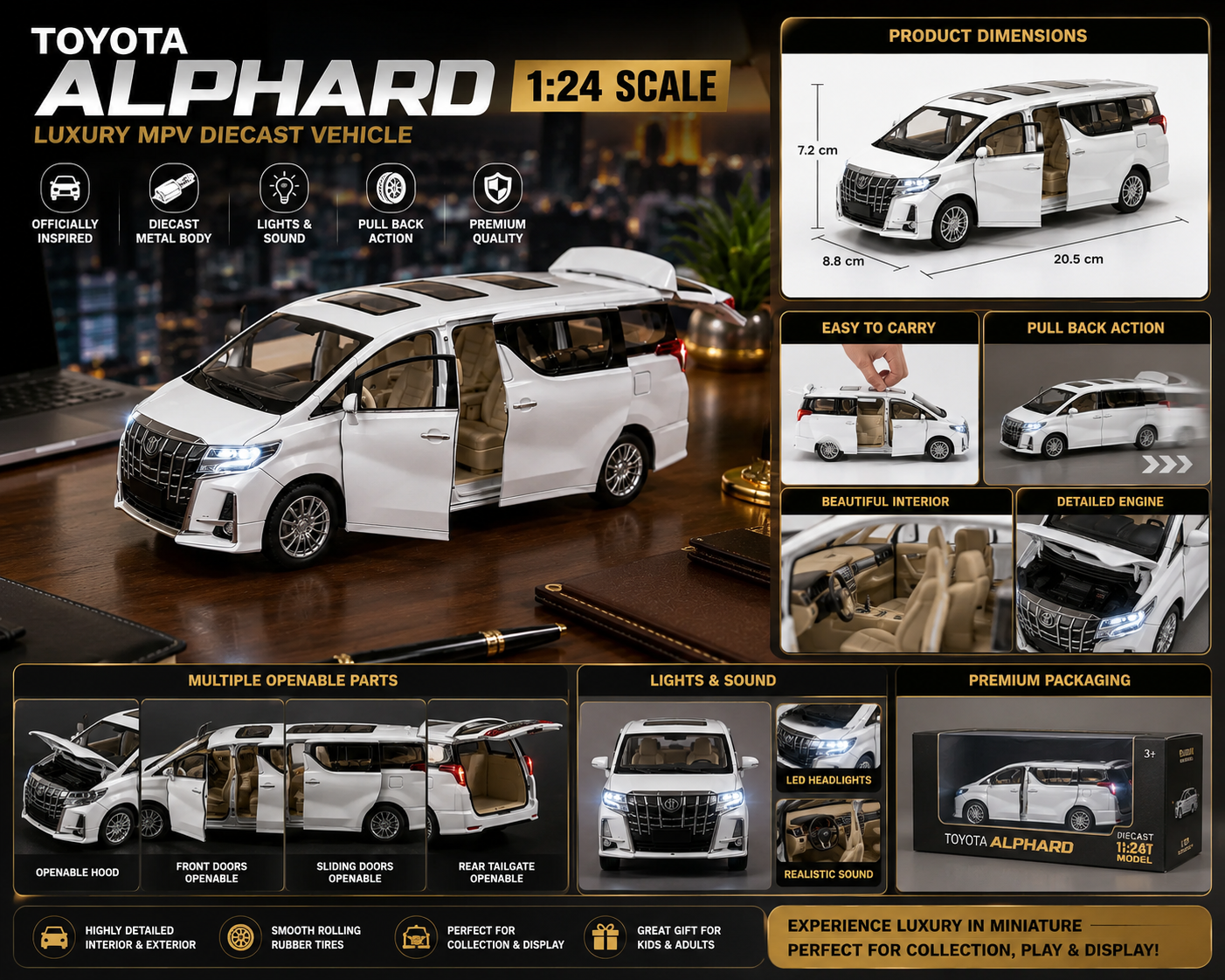 Toyota Alphard 1:24 Scale Luxury MPV Diecast Model Car with Lights & Sound | Premium Collectible