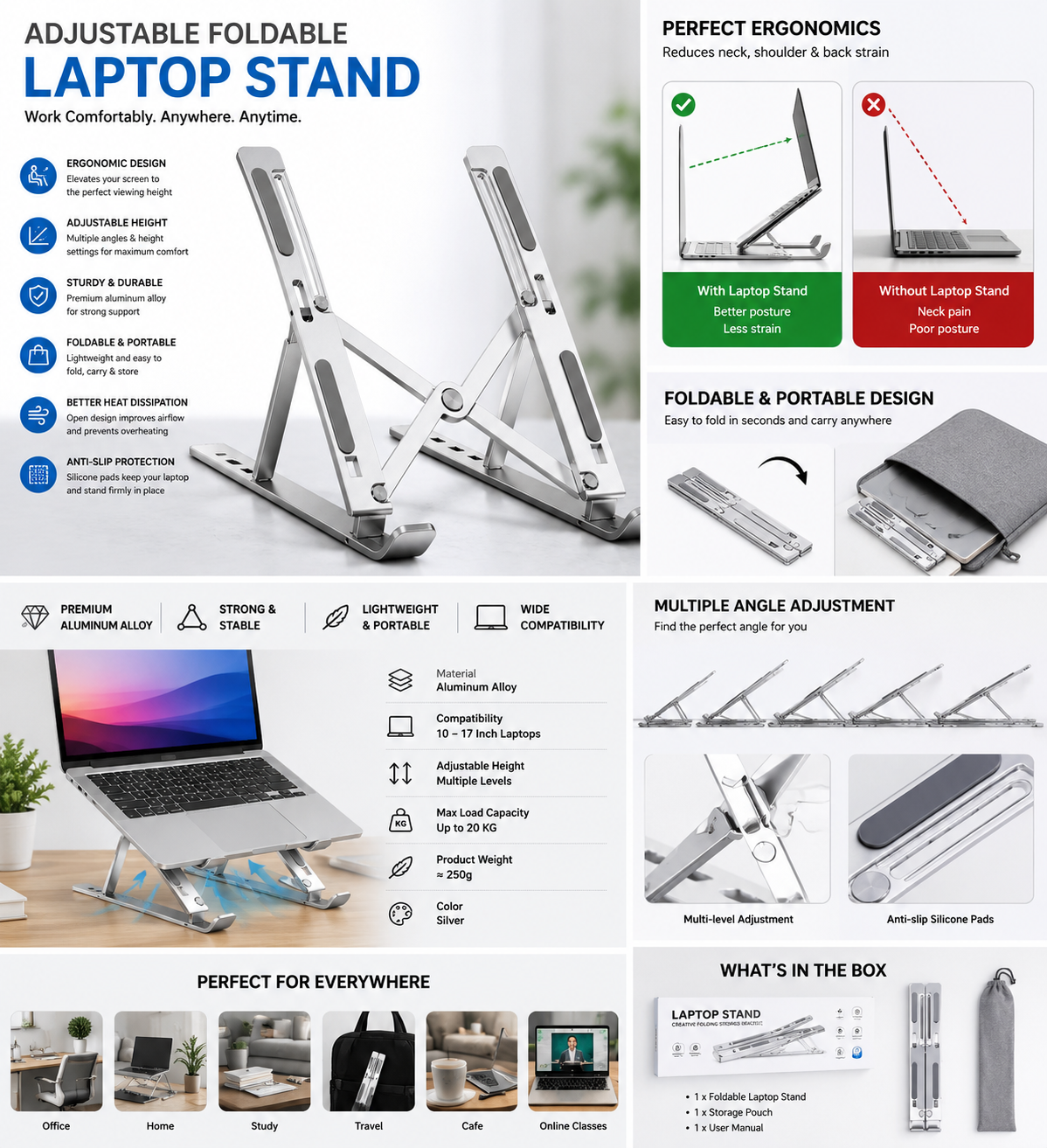 Adjustable Foldable Aluminum Laptop Stand | Ergonomic Portable Laptop Holder