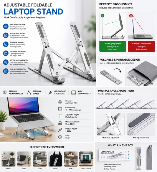 Adjustable Foldable Aluminum Laptop Stand | Ergonomic Portable Laptop Holder