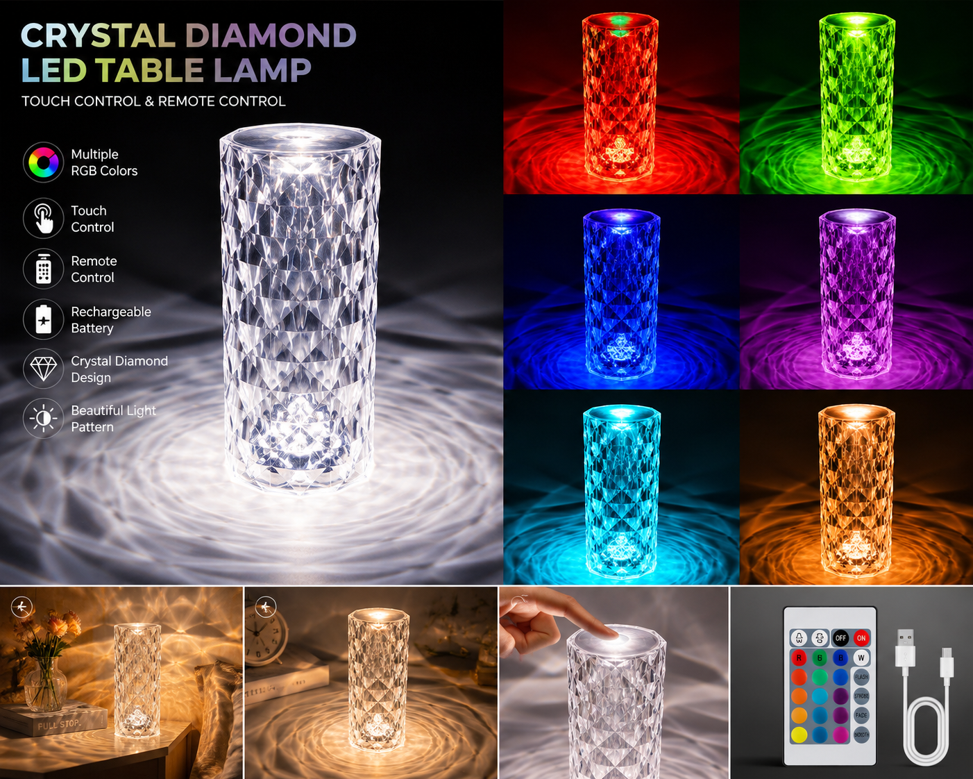 NanoCliq Crystal Rose Lamp, 24 Hours Battery Backup, 16 Color Changing Rose Diamond Table Lamp, Rechargeable, Touch, Bedside Lamp, Night Lamp with